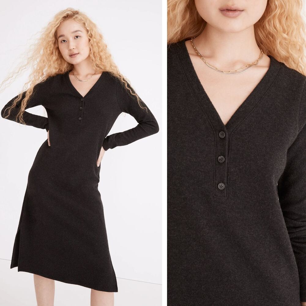 Madewell Minimalist Capsule Quiet Luxury Cozy‎ Charcoal Henley Sweater Dress M